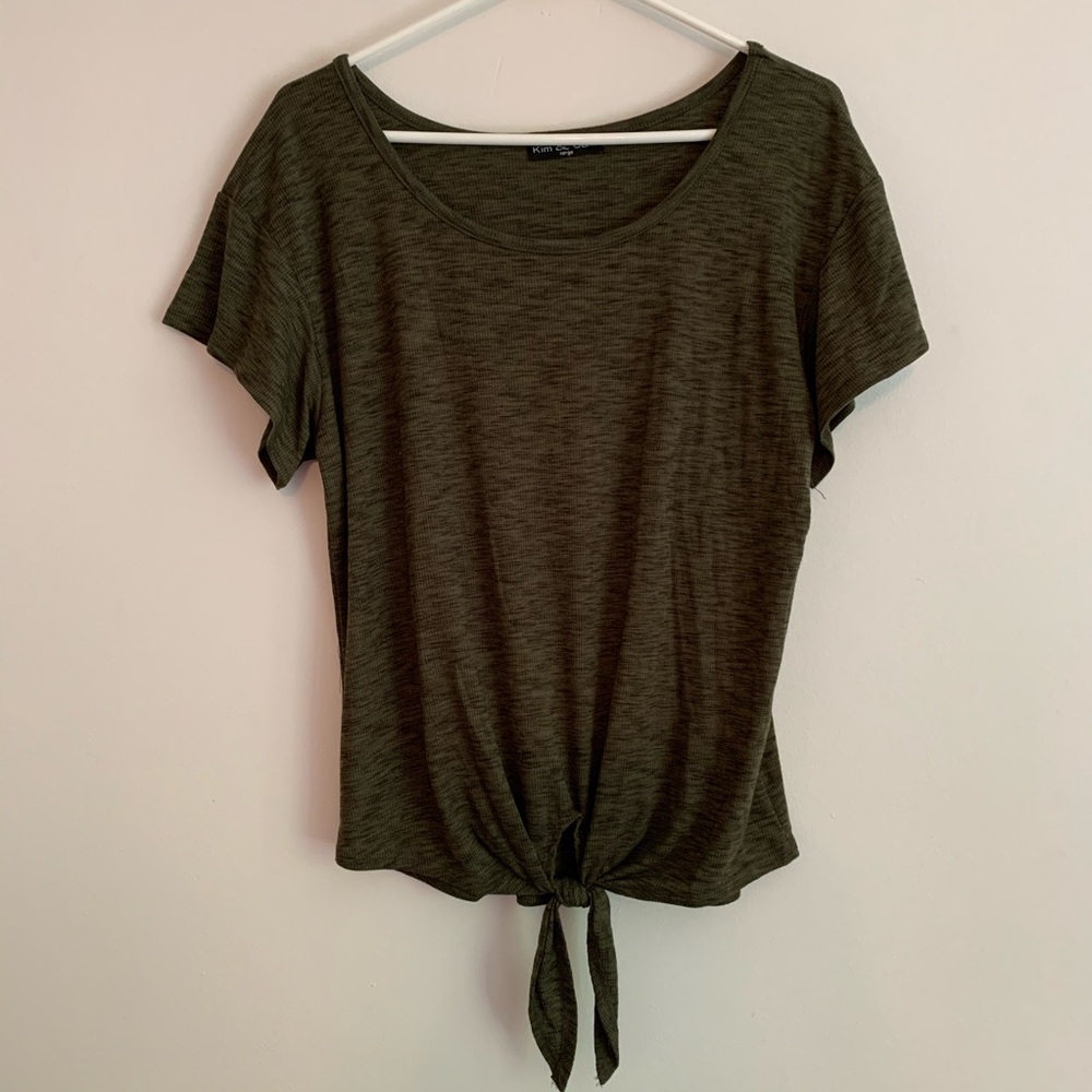 Olive wide scoop neck tee w/ tie front